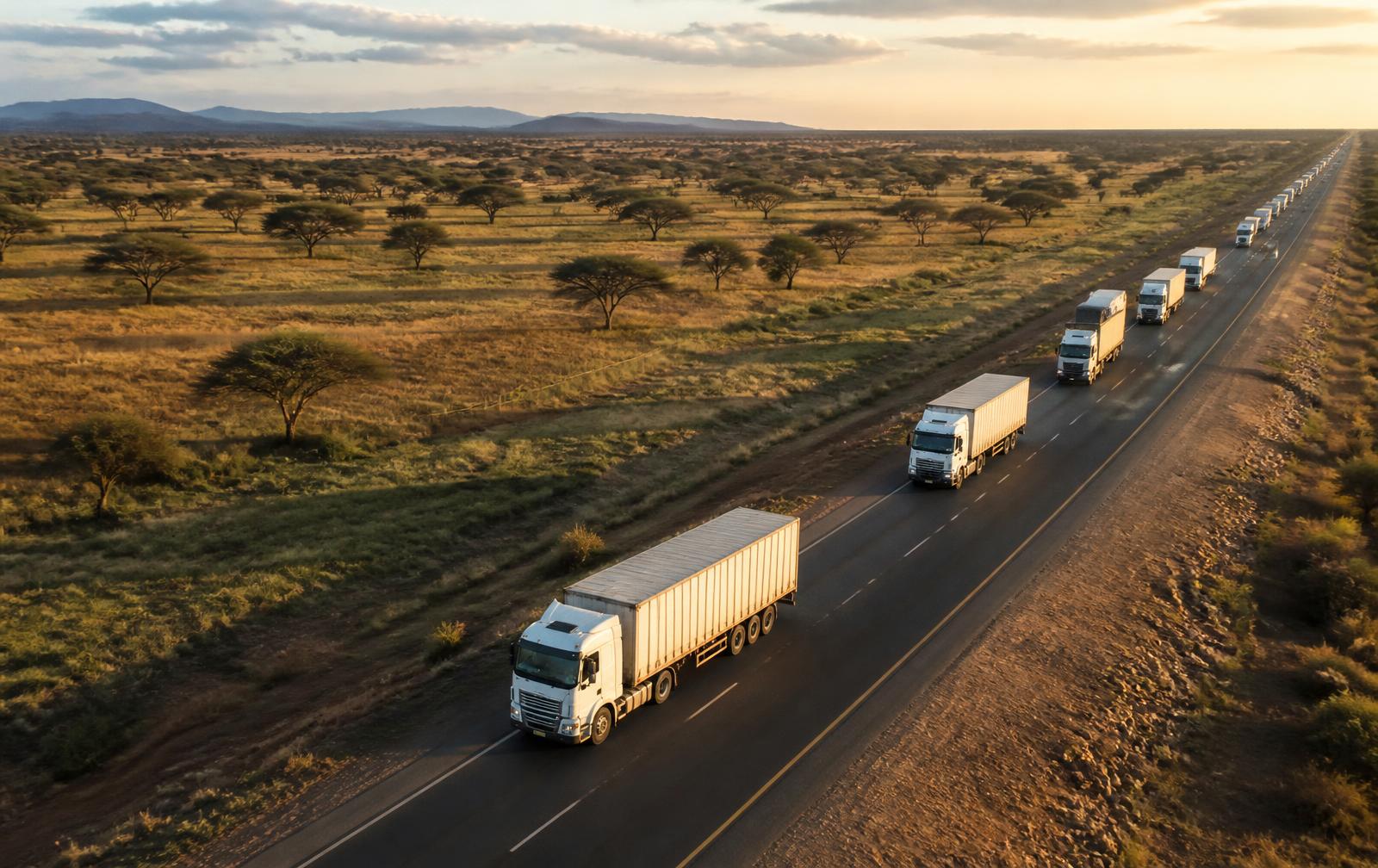 Convoy of cargo trucks on an East African trade corridor highway