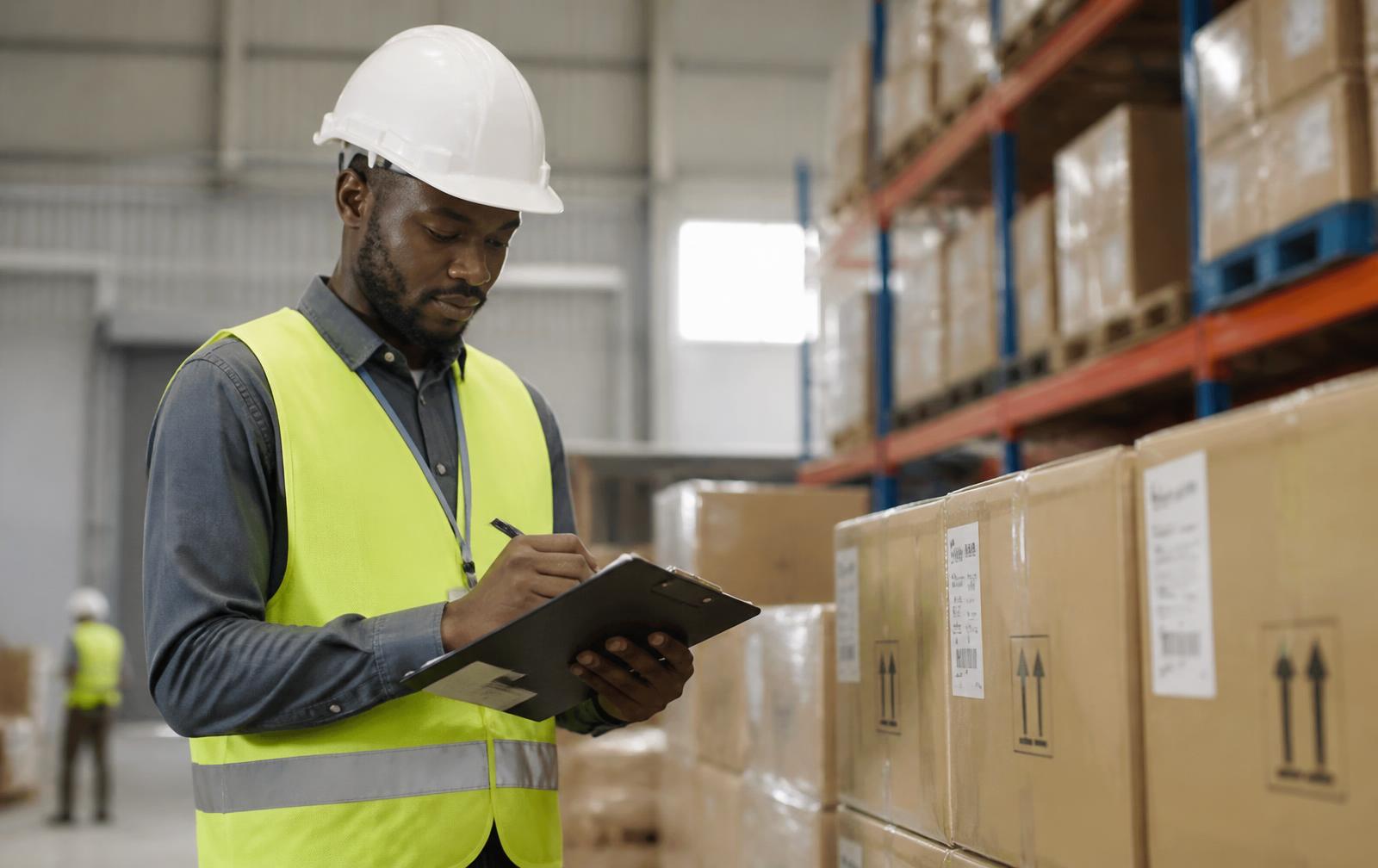 African warehouse operator in branded high-visibility gear scanning stock in a high-bay distribution centre
